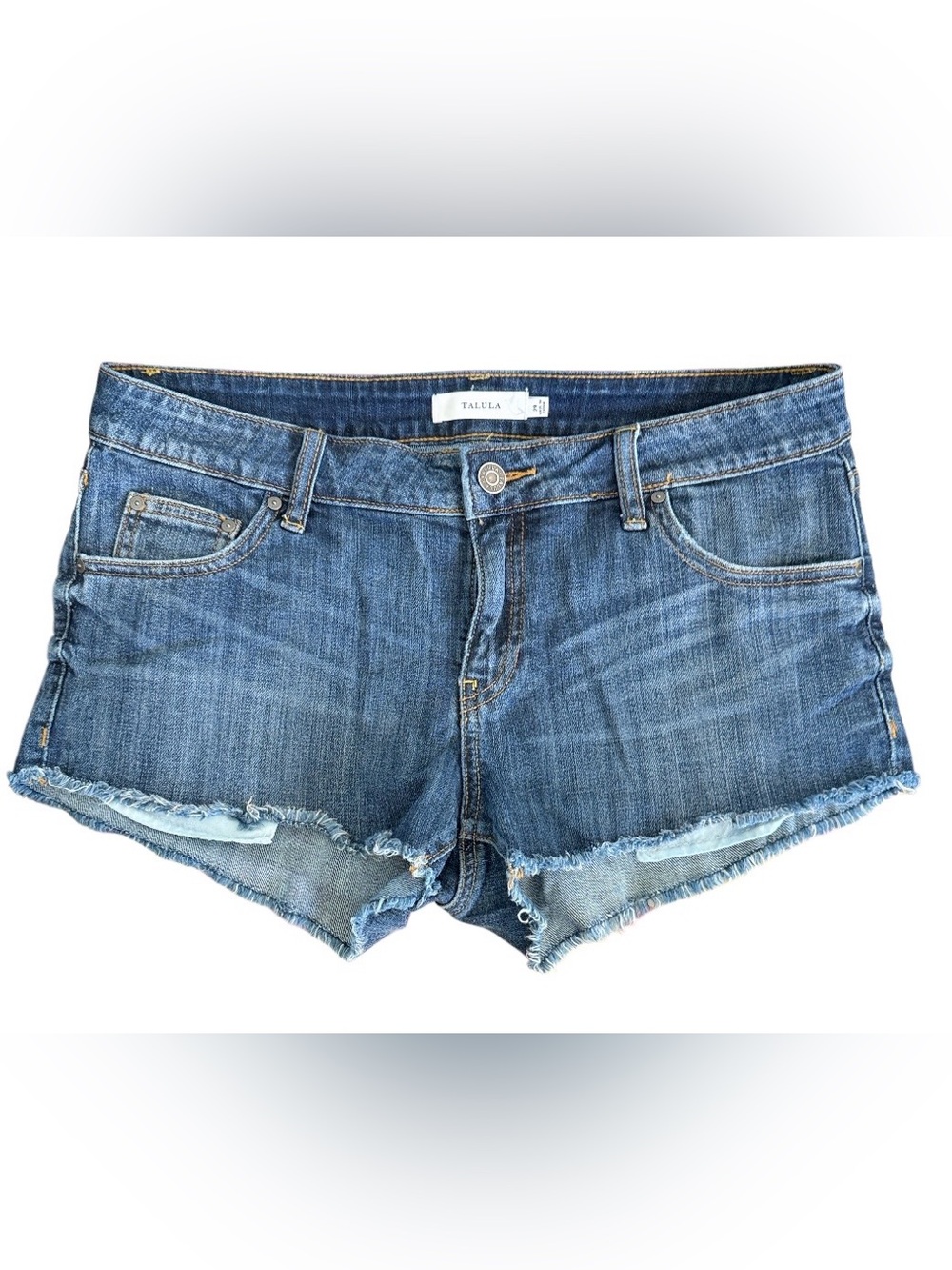 Talula Medium Blue Denim Cutoff Shorts with Frayed Hem